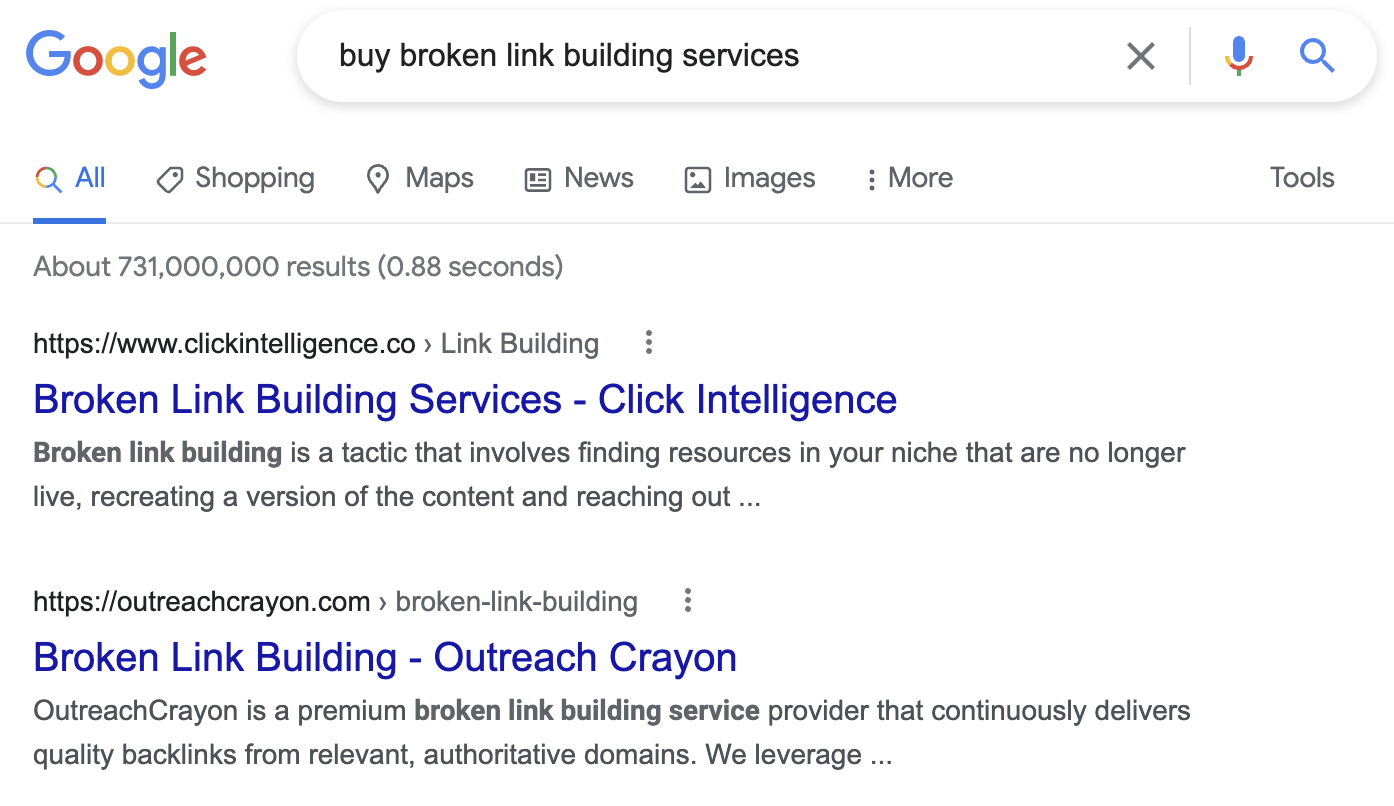 People searching for "buy broken link building services" want to buy
