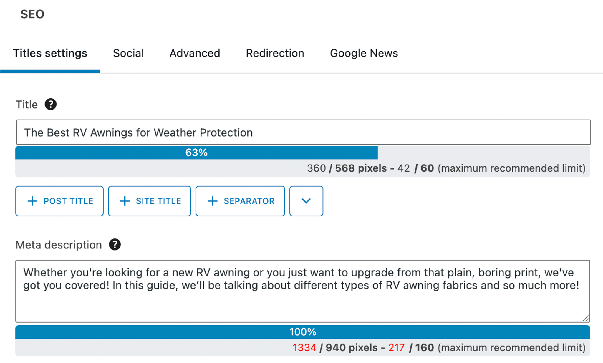 SEOPress metadata settings