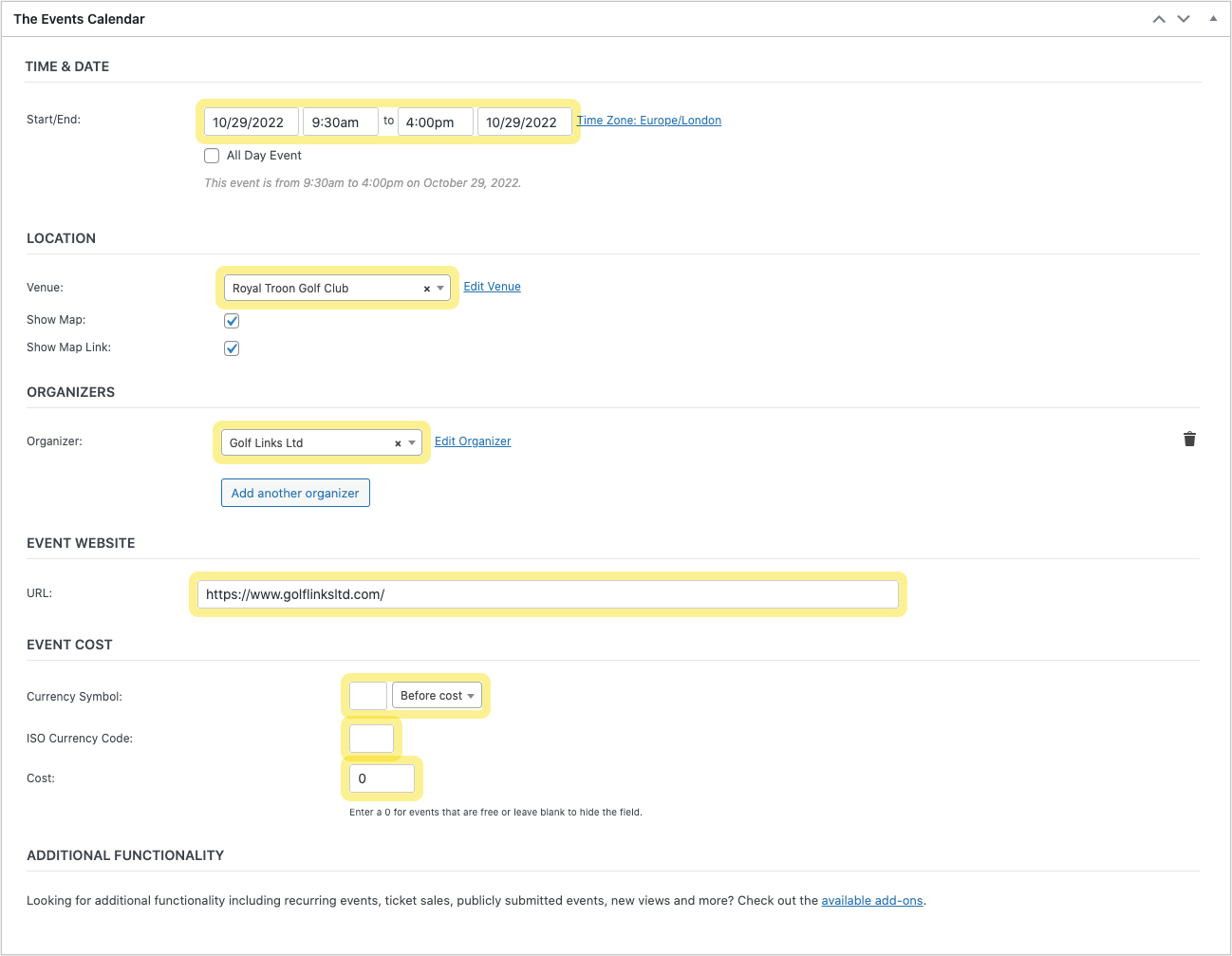 WordPress Events Calendar example
