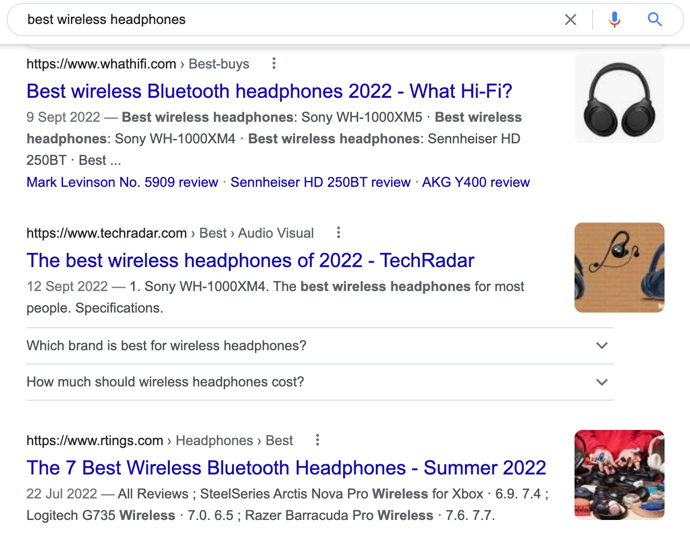 Google SERPs for "best wireless headphones"