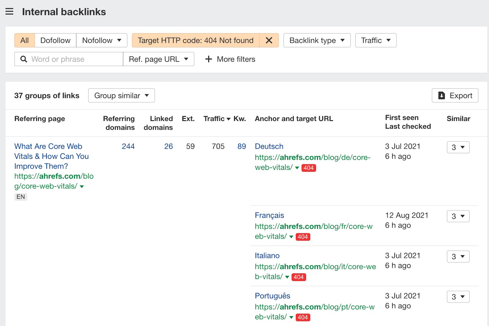 Target HTTP code filter in Internal backlinks report