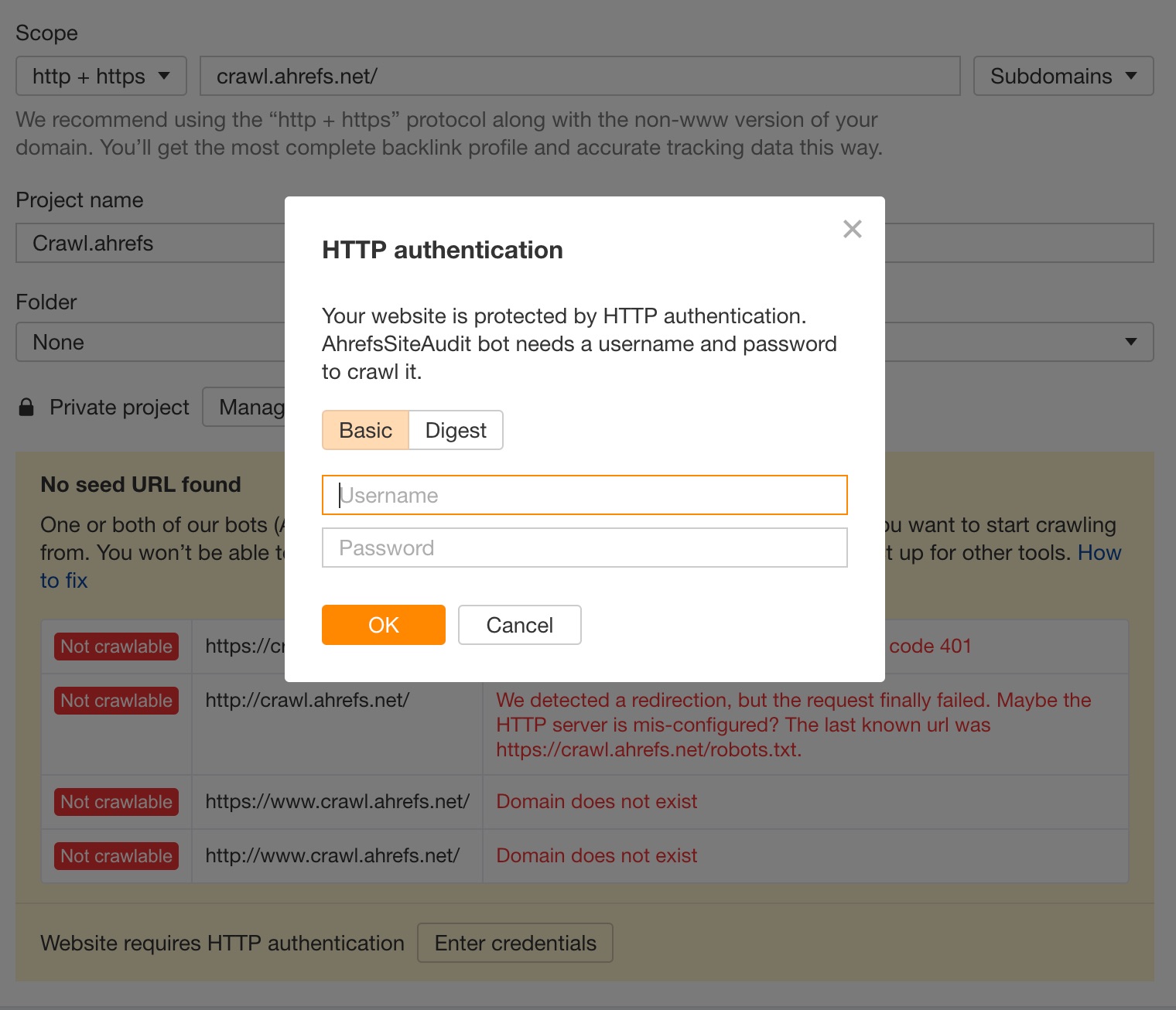 HTTP authentication in Site Audit