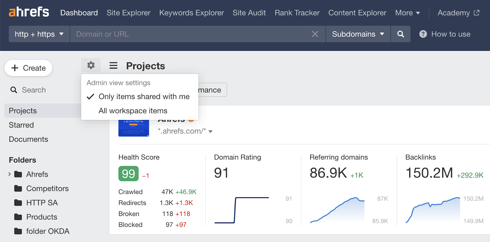 Admin view settings in Dashboard