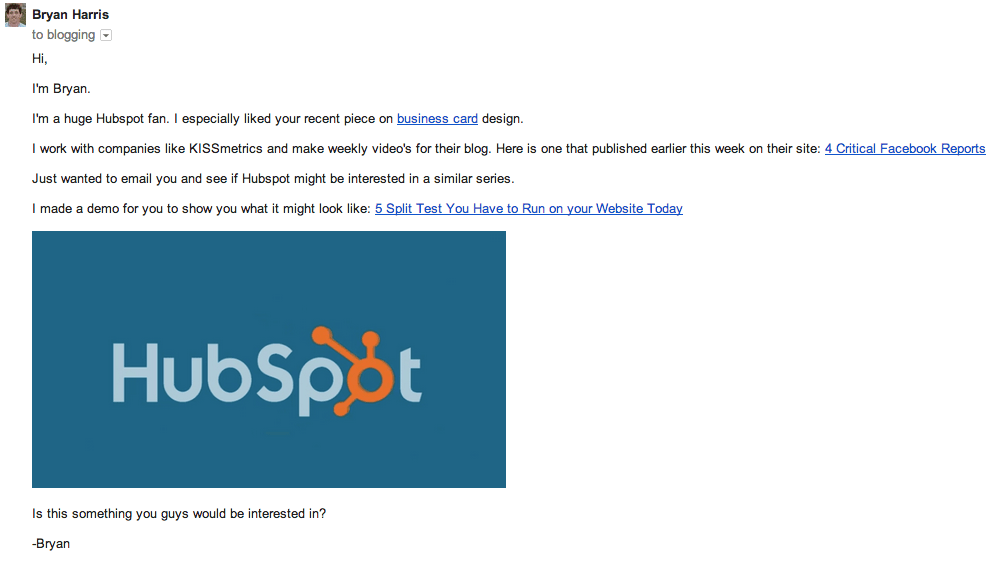 Bryan Harris' email to HubSpot