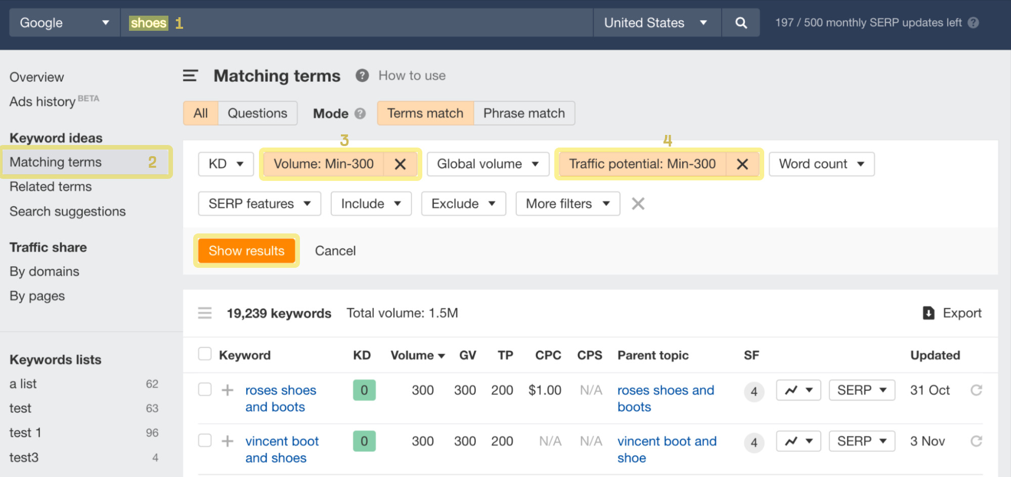 Finding long-tail keywords in Ahrefs.