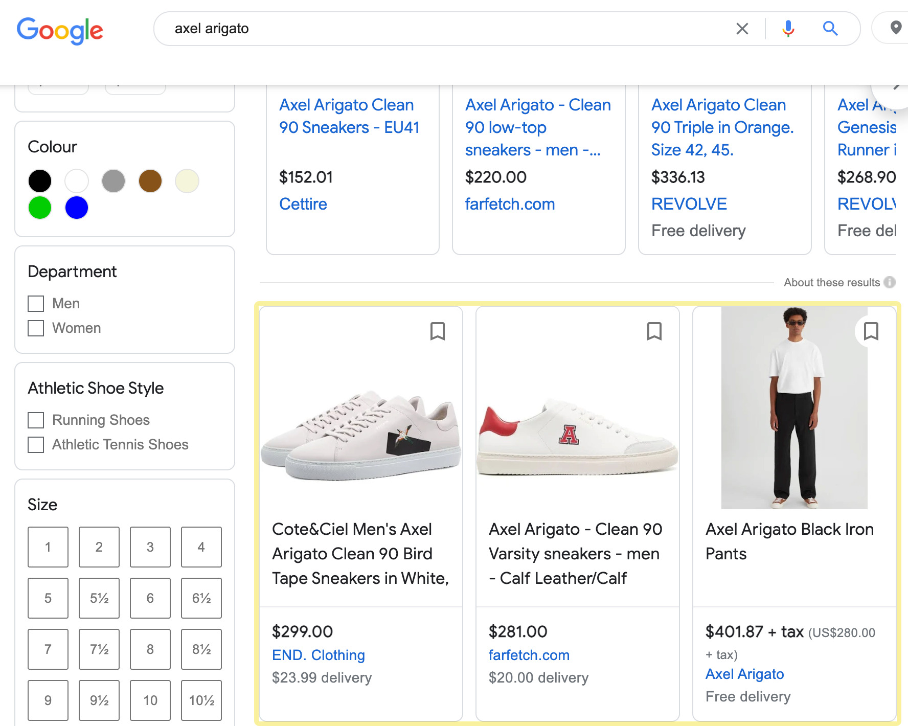 Google Shopping's organic results for the query, "axel arigato"