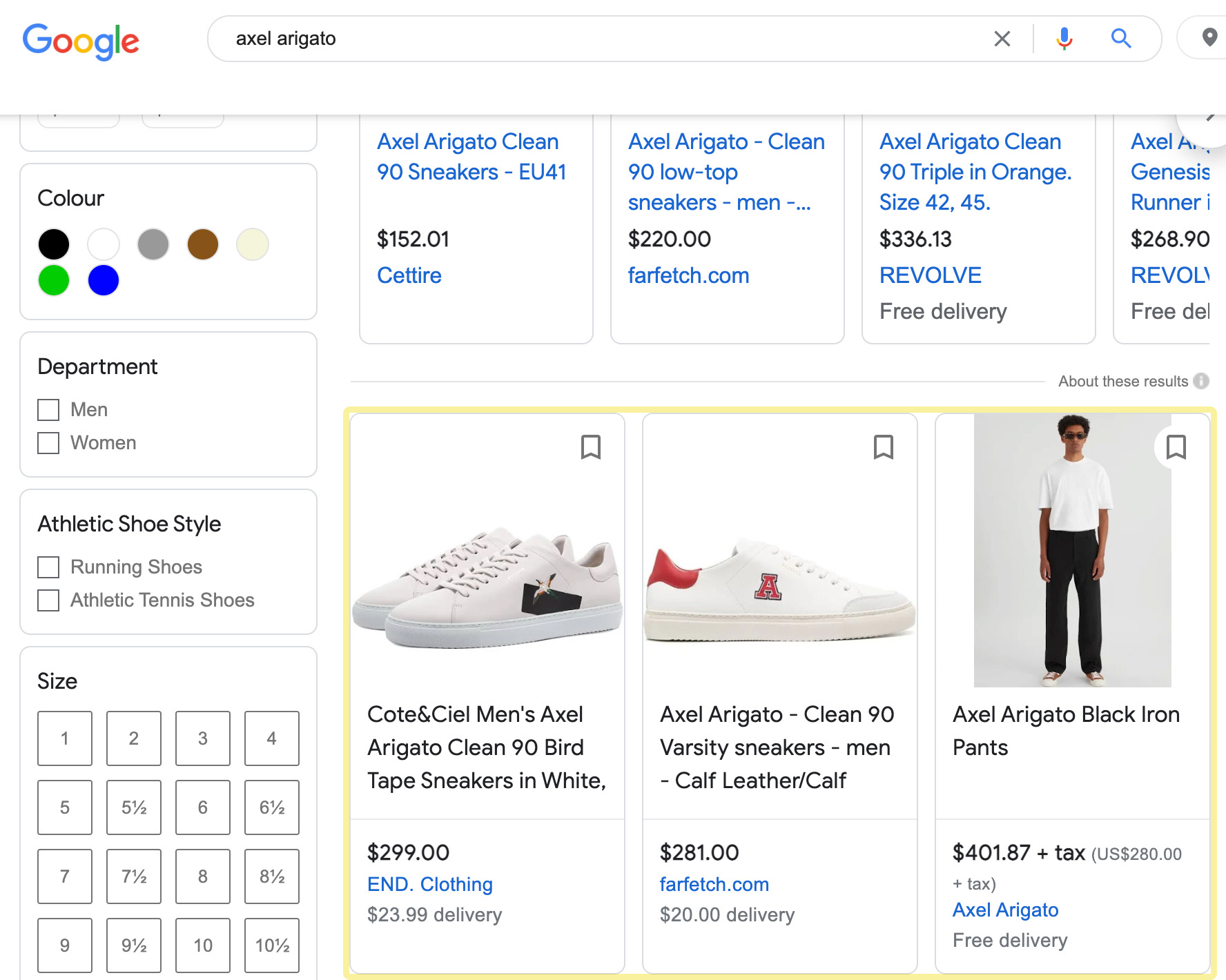 Resultados orgânicos do Google Shopping para a consulta "axel arigato"