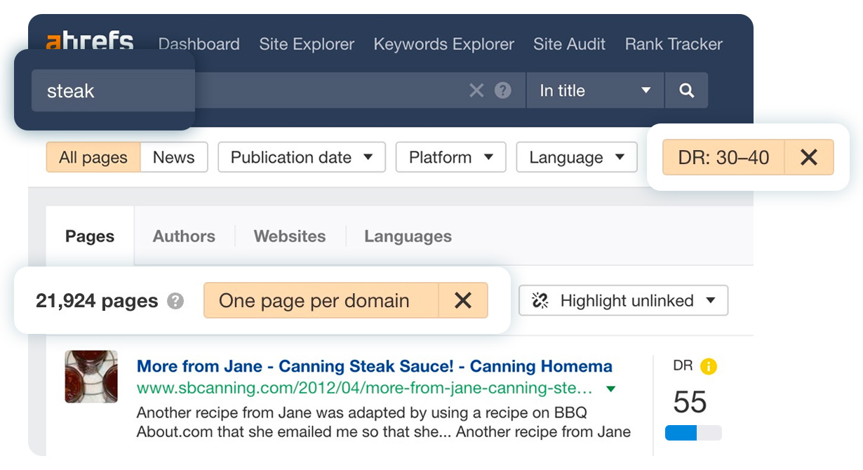 Finding blogs with required authority using Ahrefs' Content Explorer