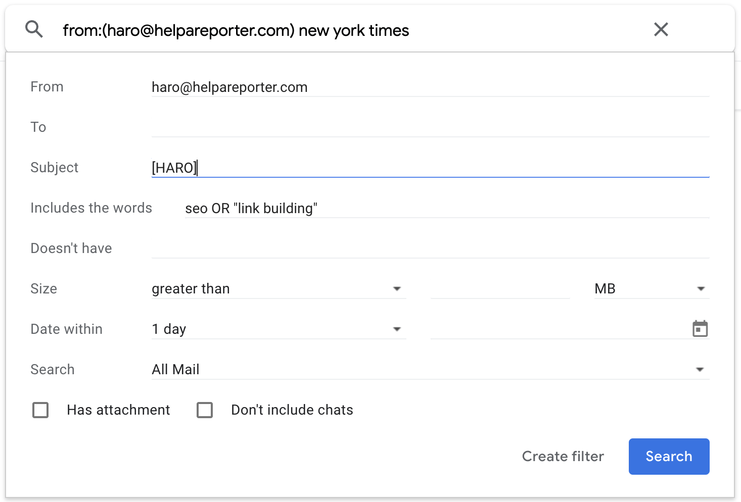 Gmail filter for HARO emails