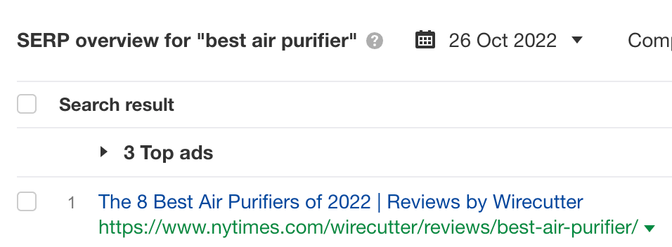 在 Wirecutter 的最佳空气净化器页面上，"best air purifier" 这一关键词排名第一。