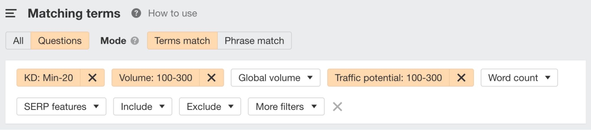 Example of using various filters to find long tail keywords.