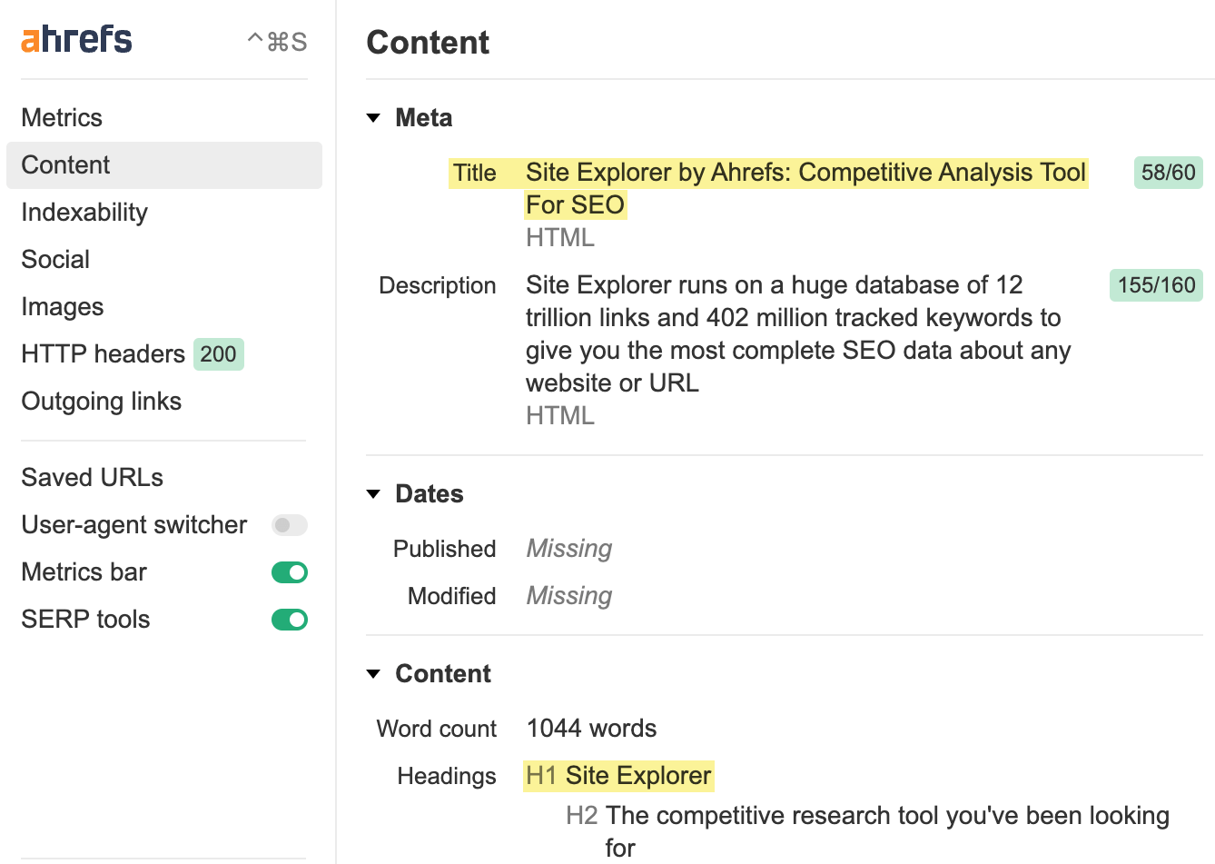 Ahrefs SEO工具栏所显示的相似标题和 H1