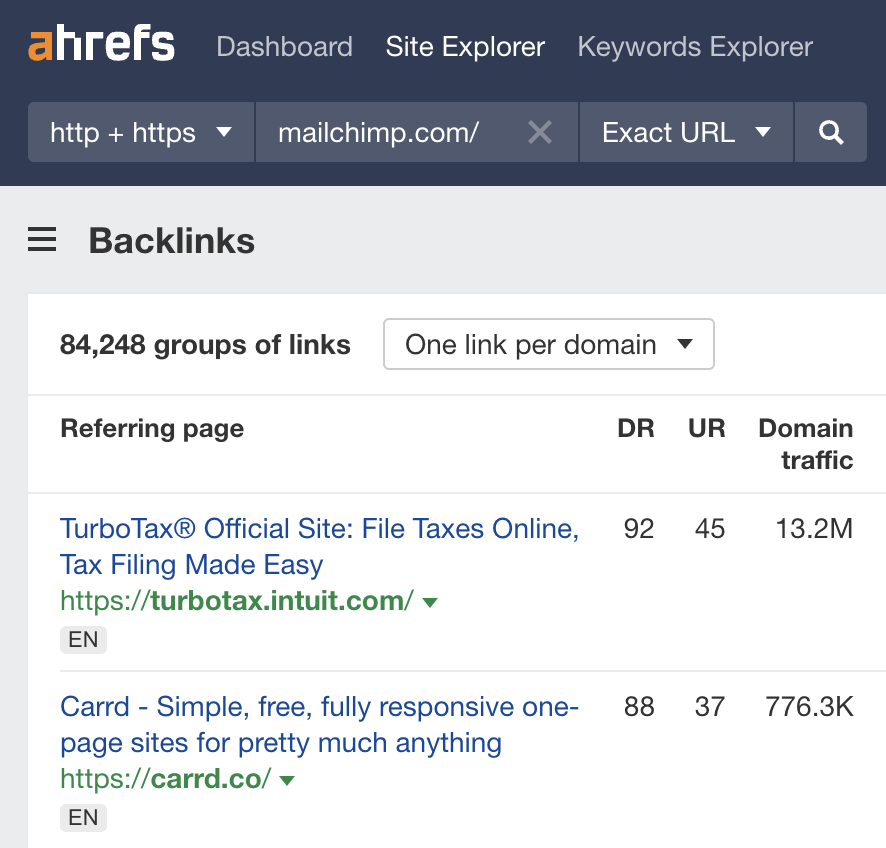 Backlinks report in Ahrefs' Site Explorer