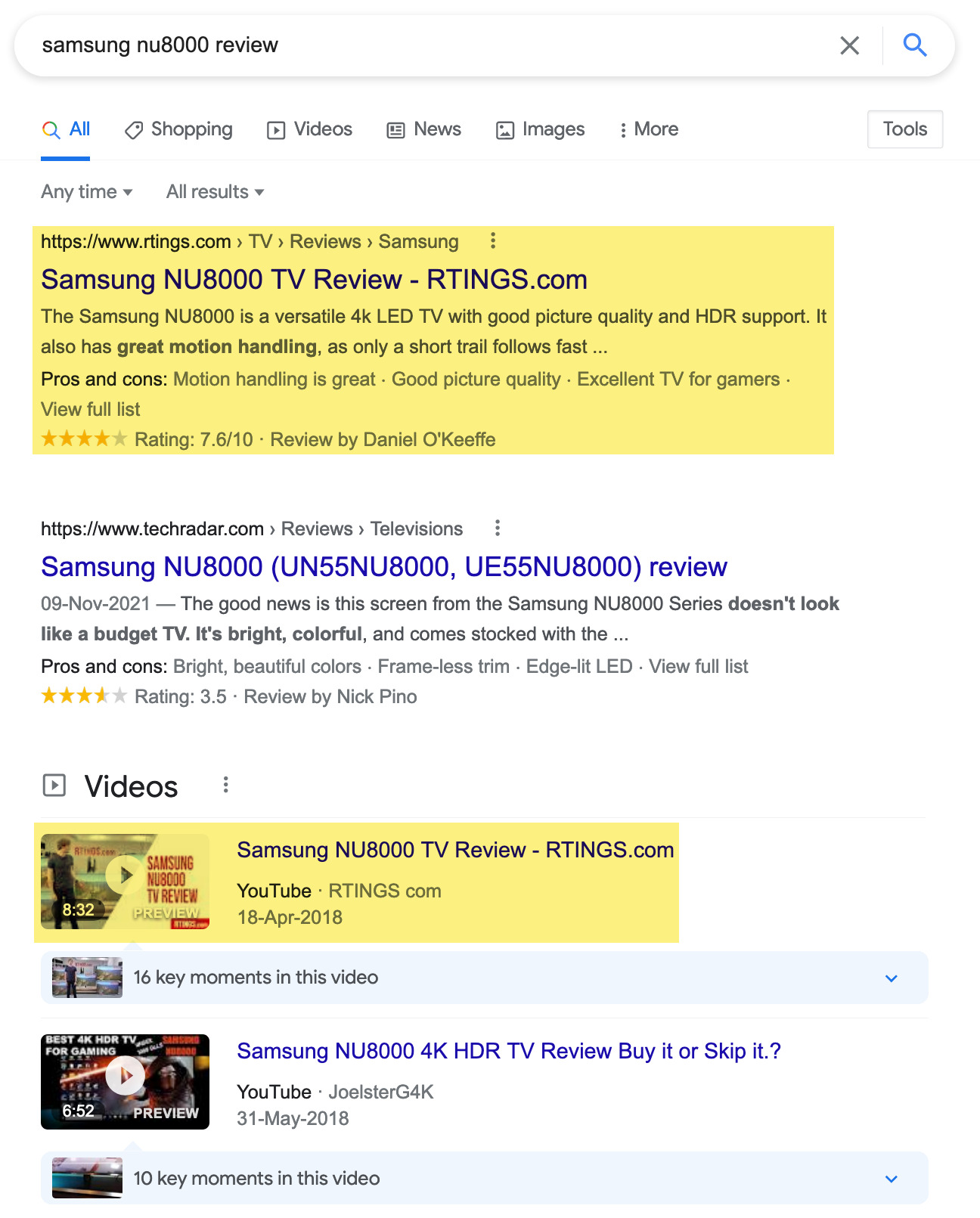 SERP result for Samsung nu8000 review