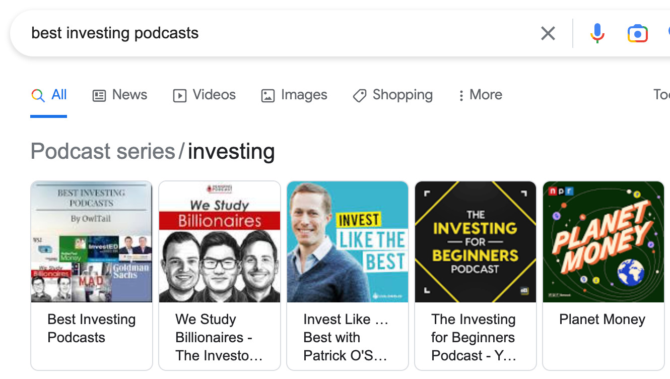 SERPs for "best investing podcasts"