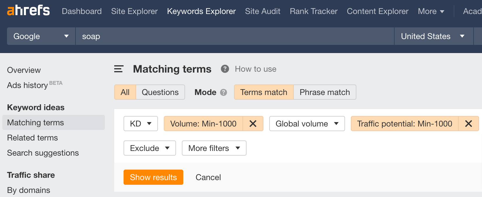 Filtering for low volume and low TP keywords