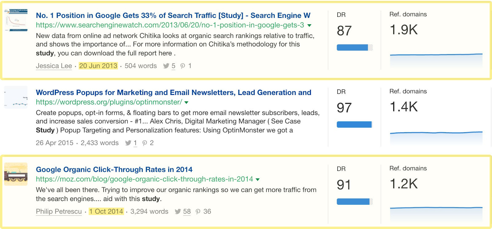 Finding outdated but popular studies, via Ahrefs' Content Explorer