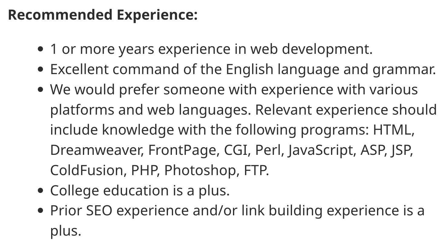 Job listing with long list of experience requirements 