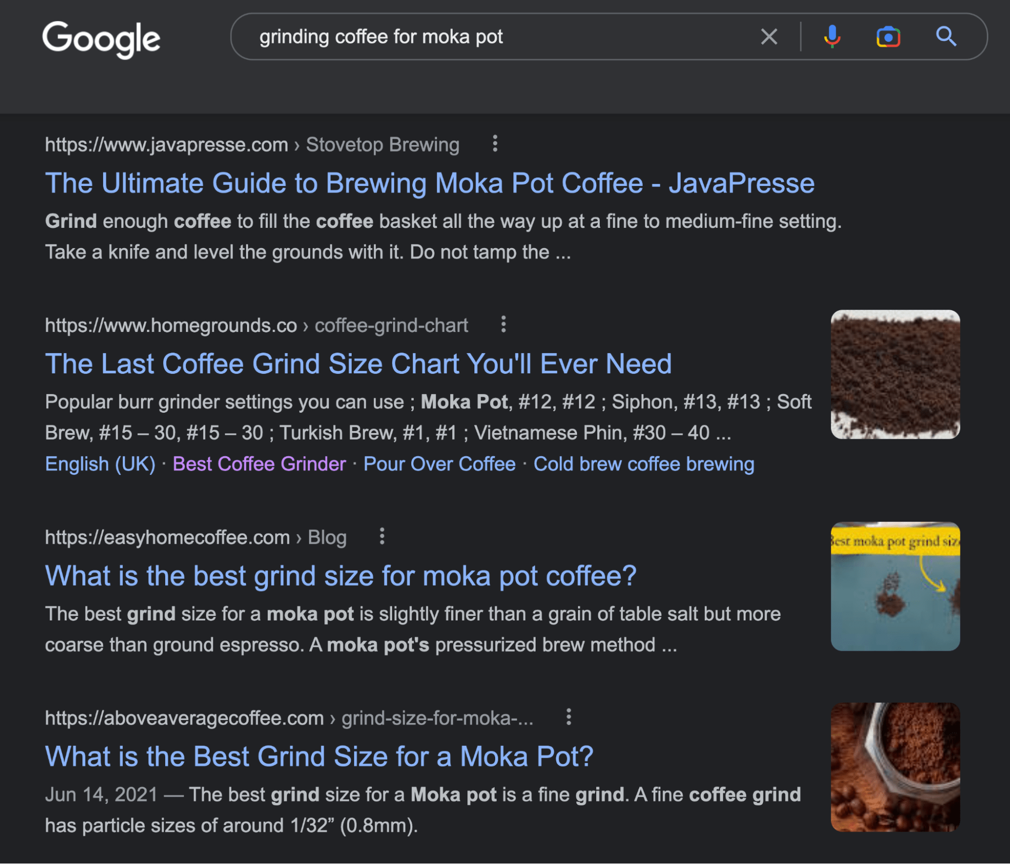 SERP do Google para consulta de pesquisa "moer café para moka pot"