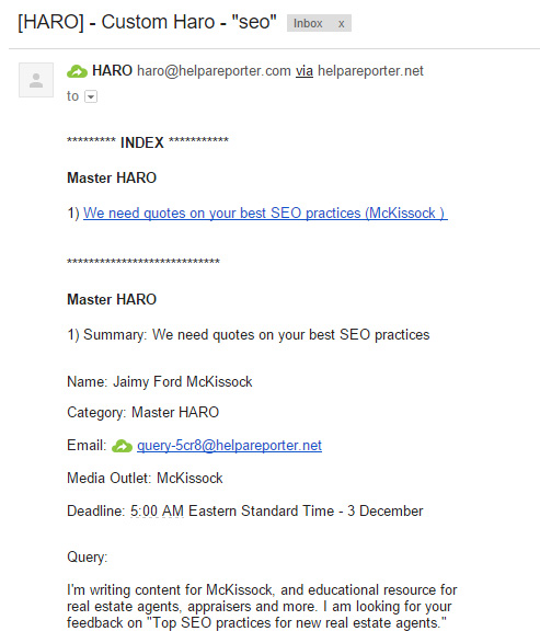 Specific emails from HARO containing "SEO"
