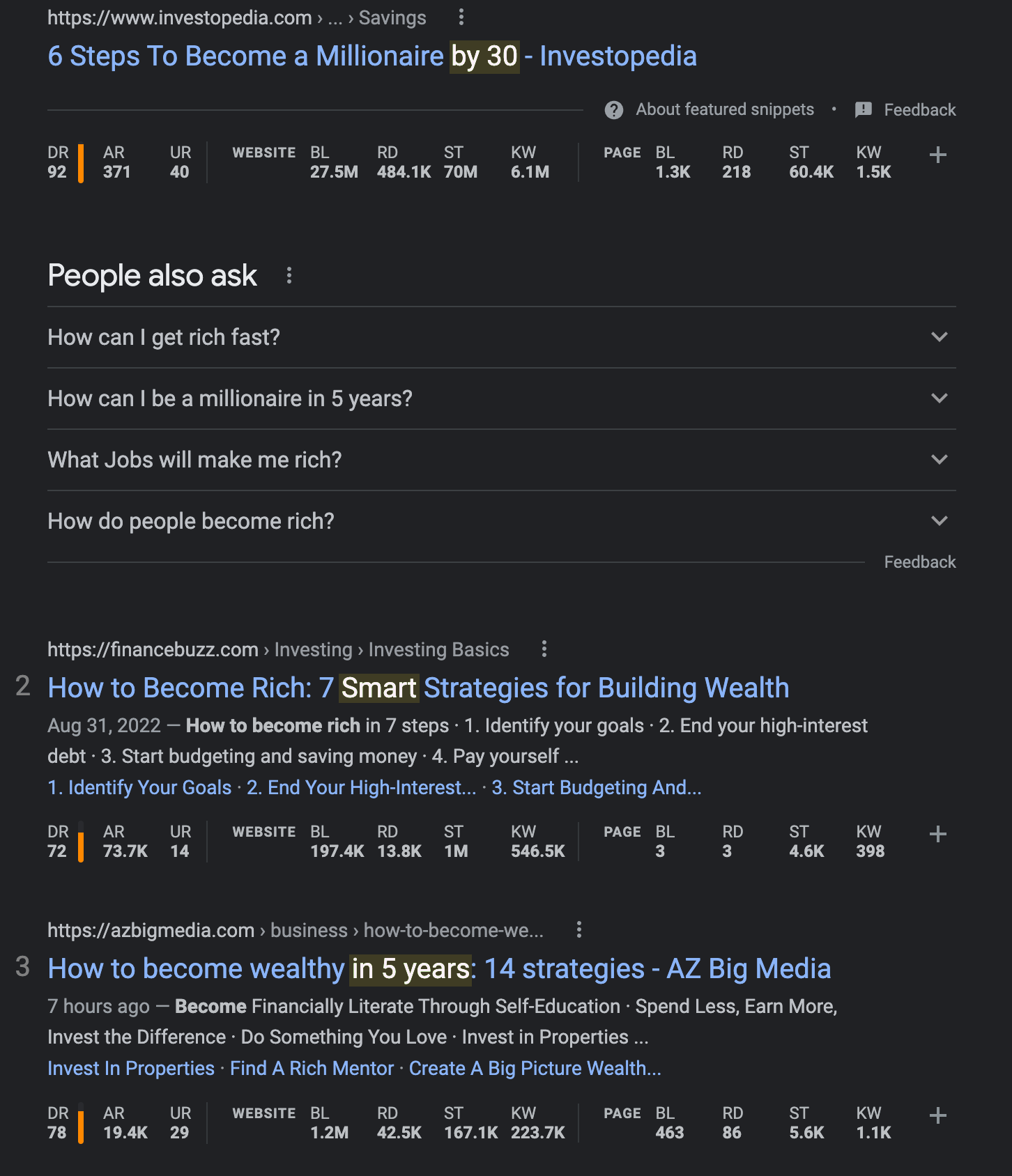 SERP for query "how to become rich"