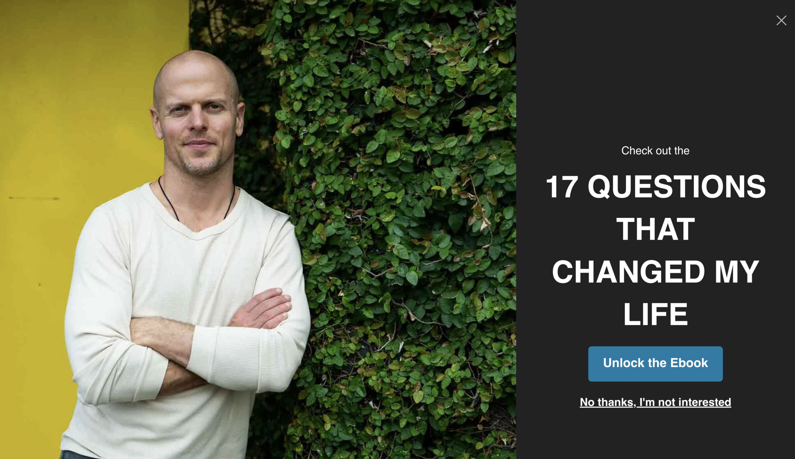 Tim Ferriss exit-intent pop-up