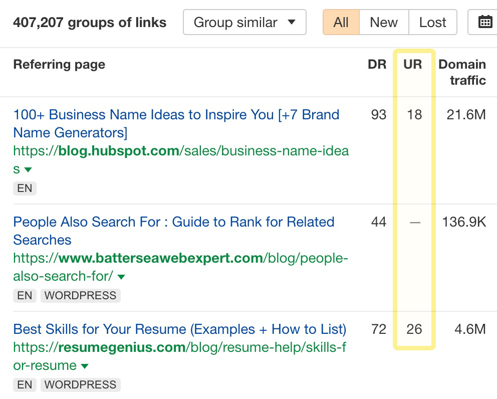 New UR in Backlinks report