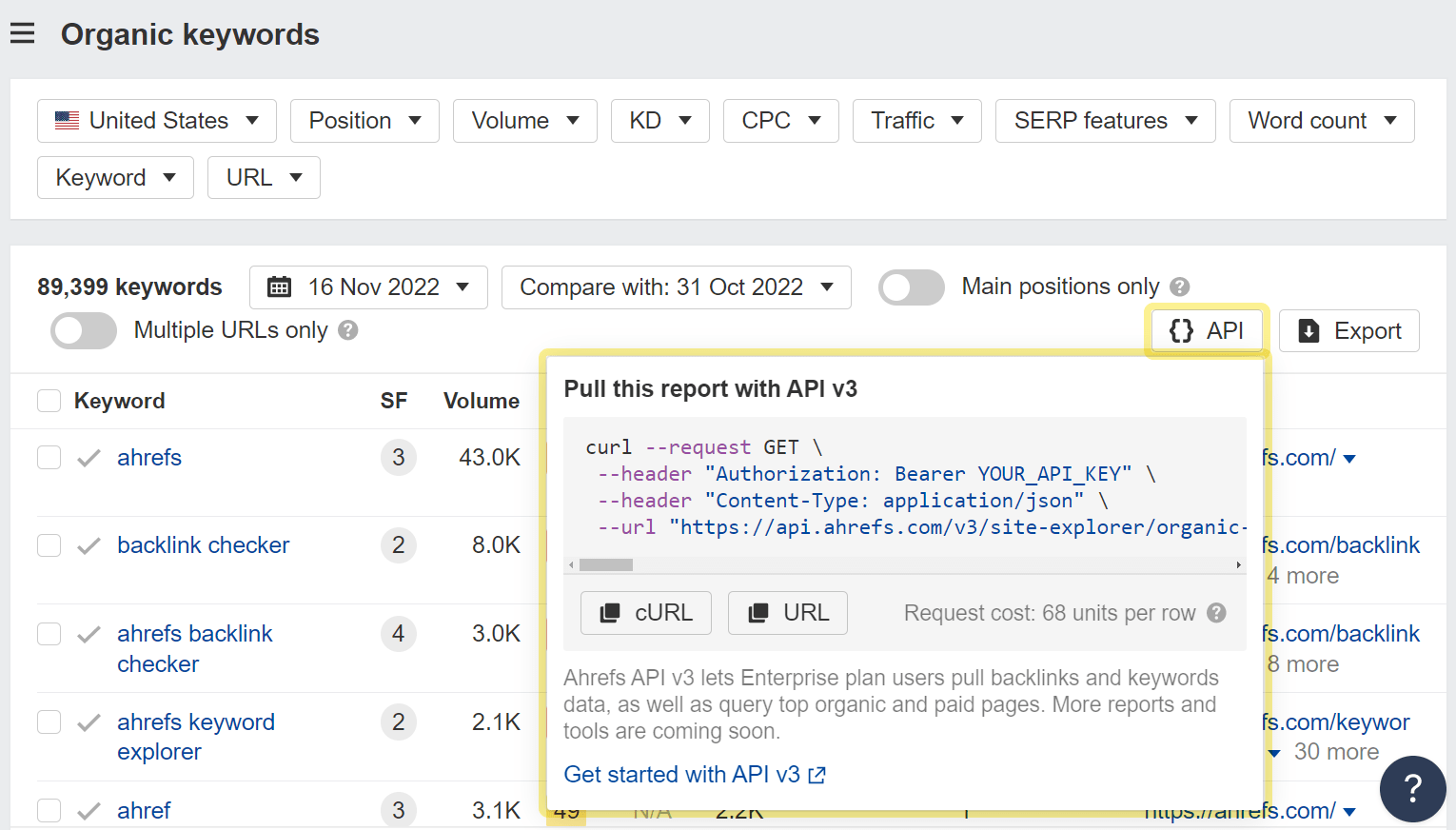 通过单击 API 按钮，您可以获得 API 请求所需的完整 curl 响应  