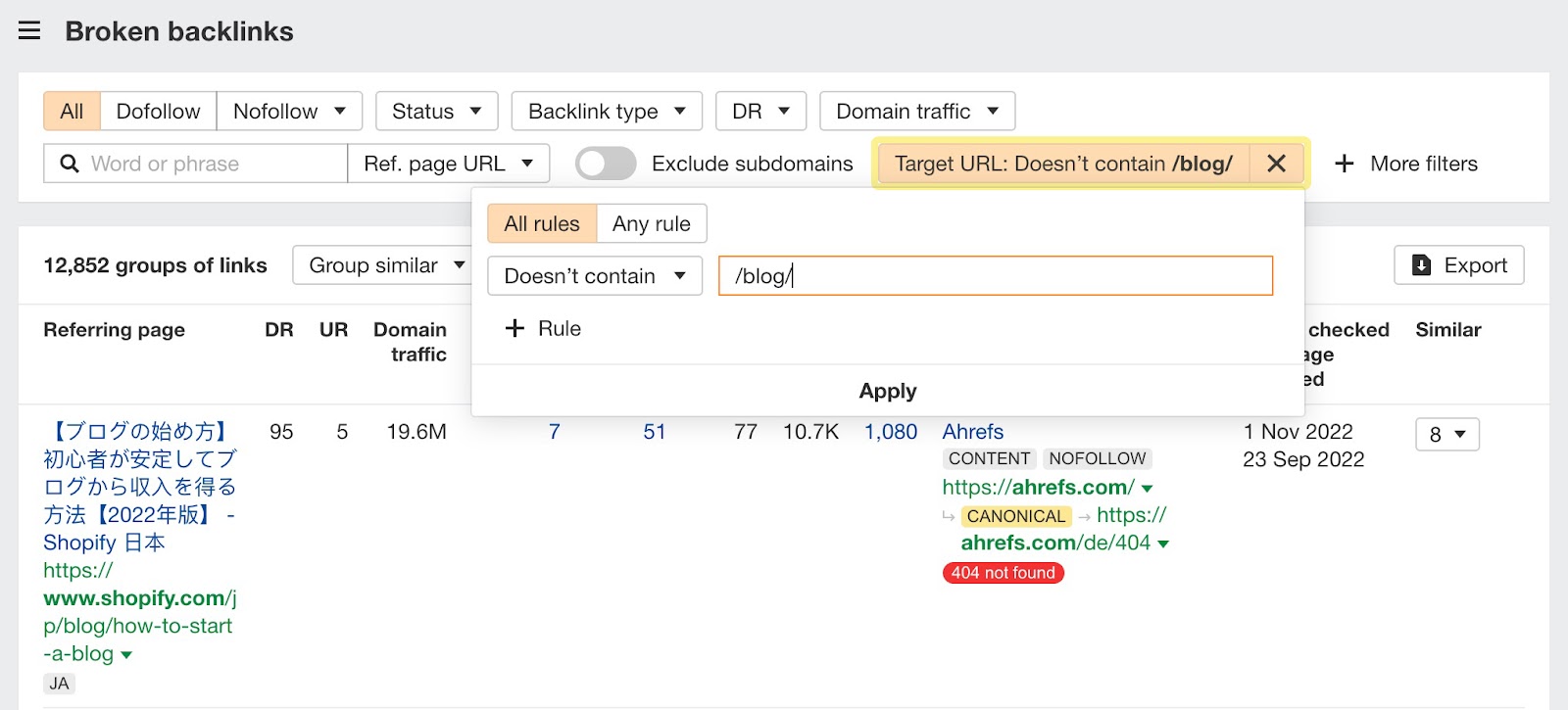 Applying filters in Broken backlinks report