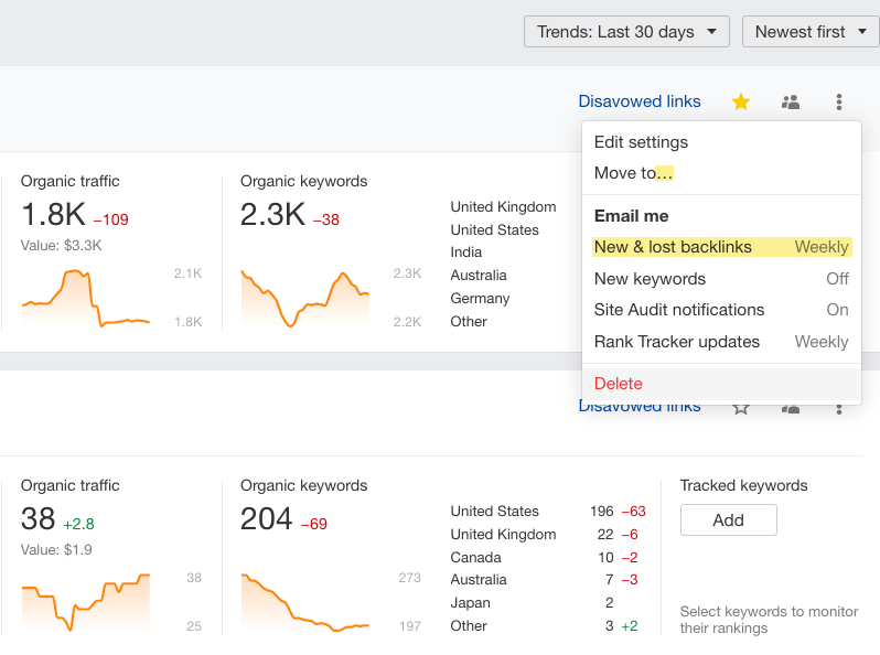 Automated backlink notifications in Ahrefs
