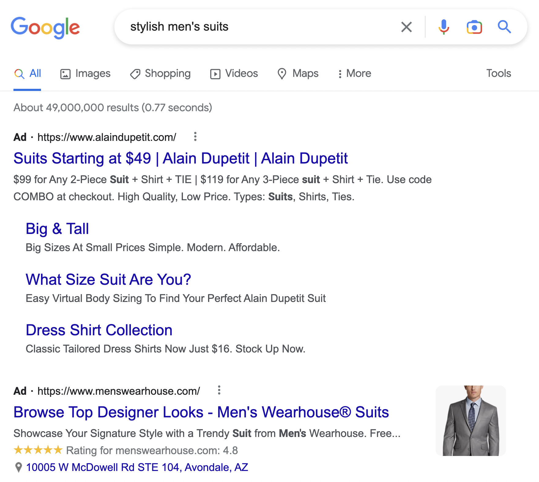 Google search results for "stylish men's suits"