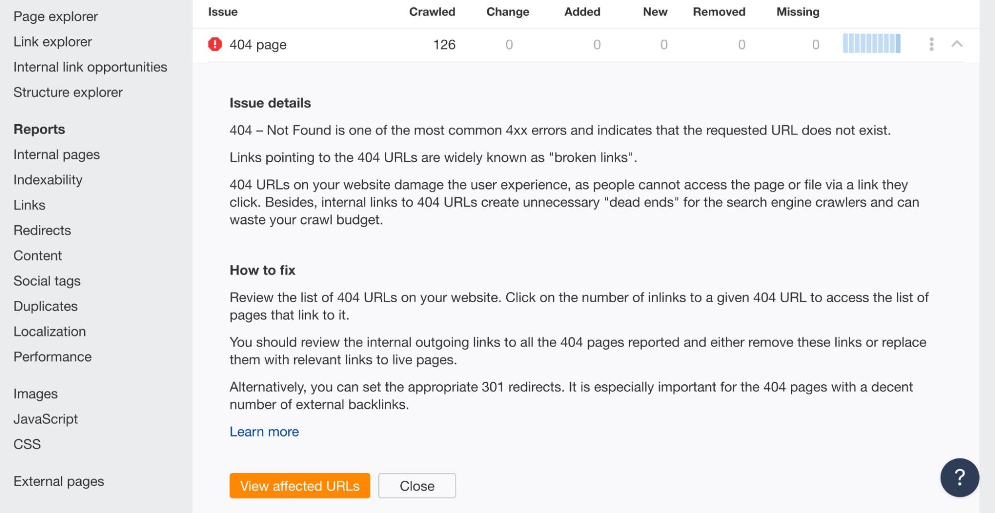 Ahrefs' Site Audit（网站诊断）中，问题的详情