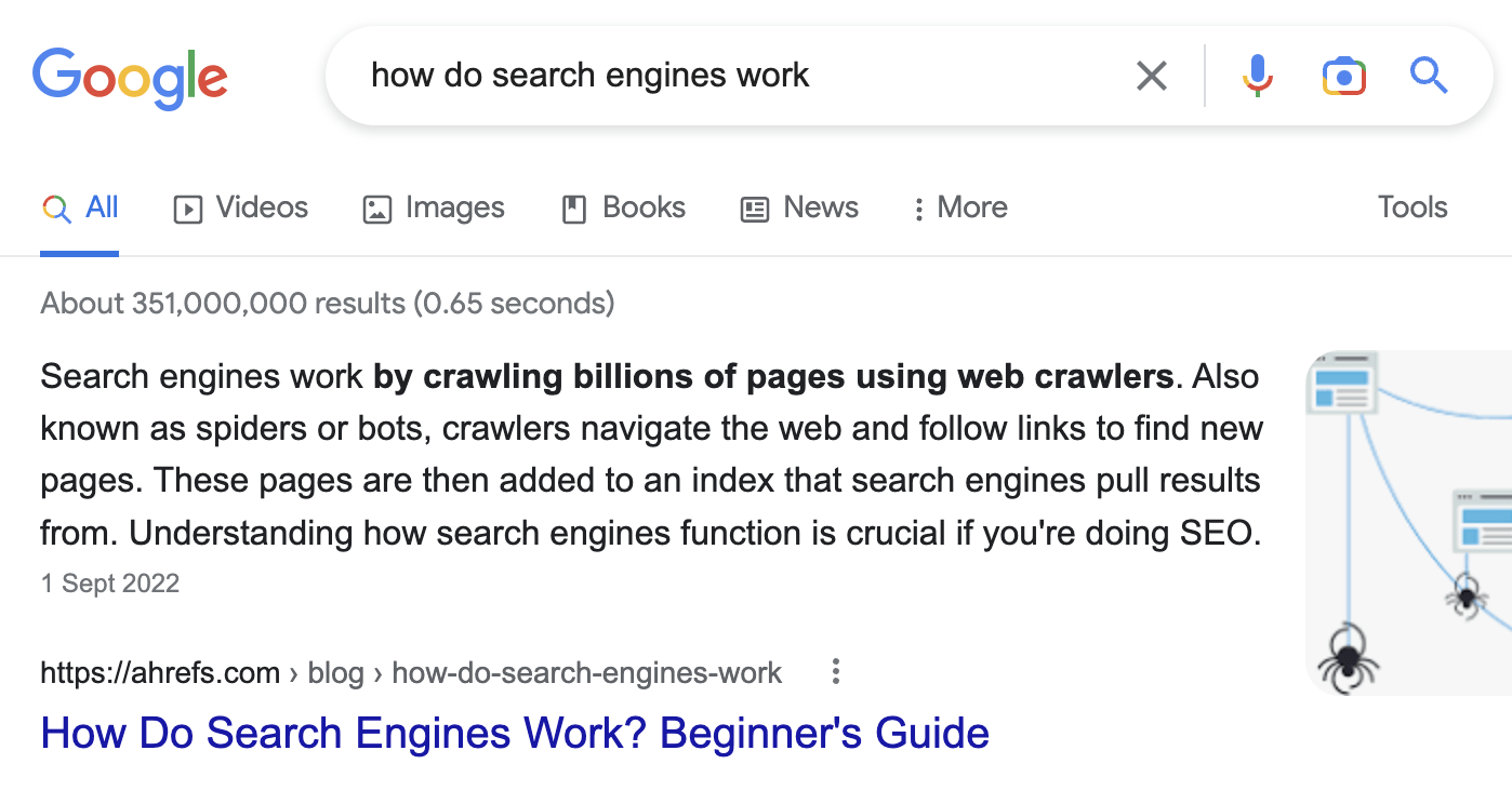 Featured snippet for "how do search engines work"