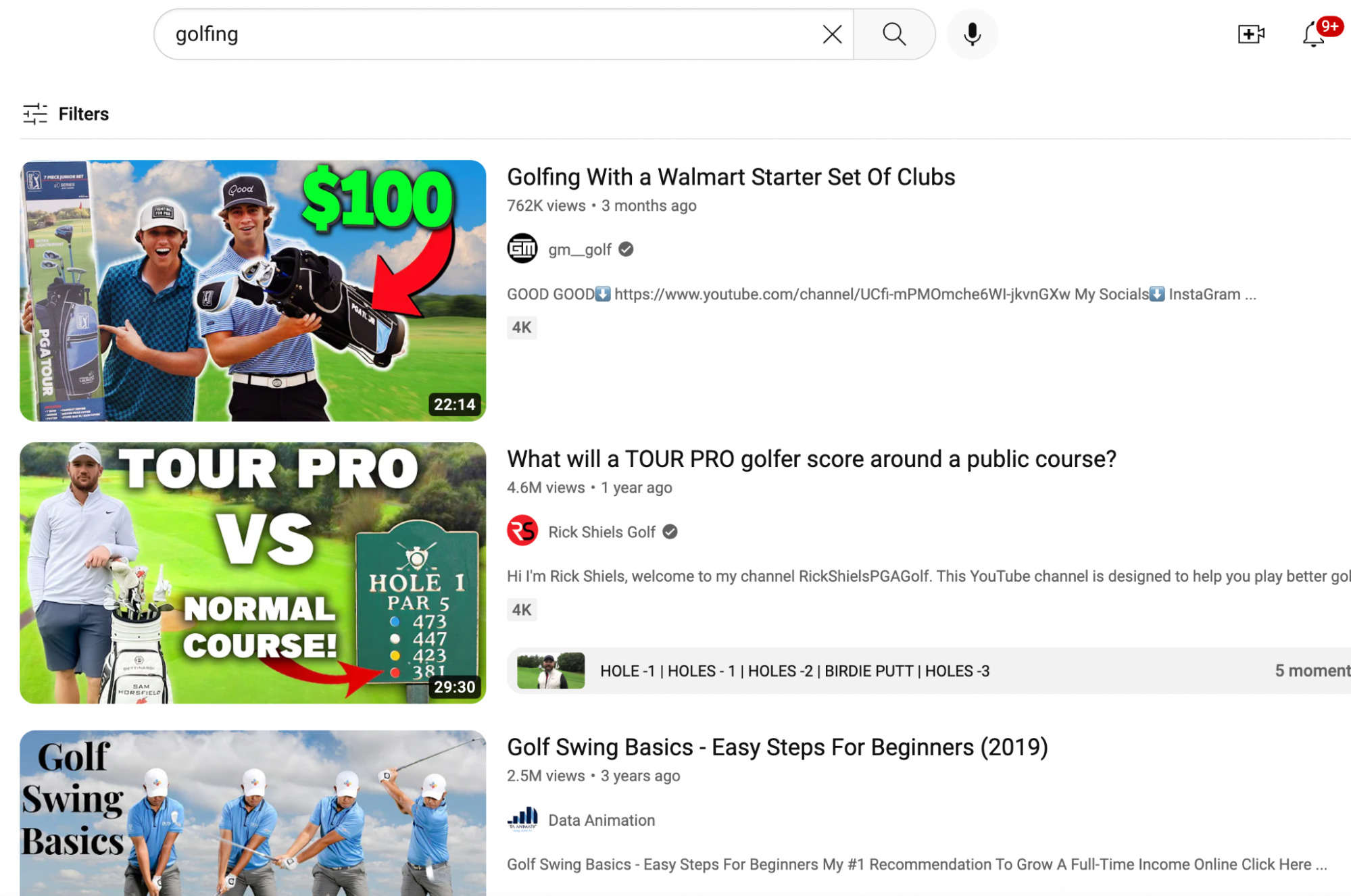 YouTube search results for "golfing"