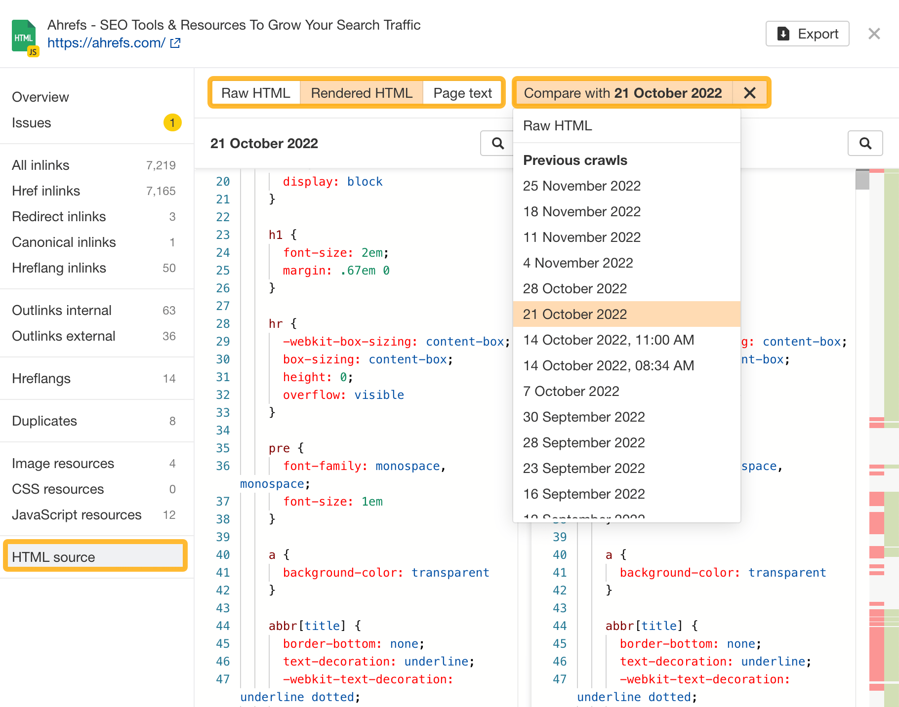 HTML comparison, via Ahrefs' Site Audit