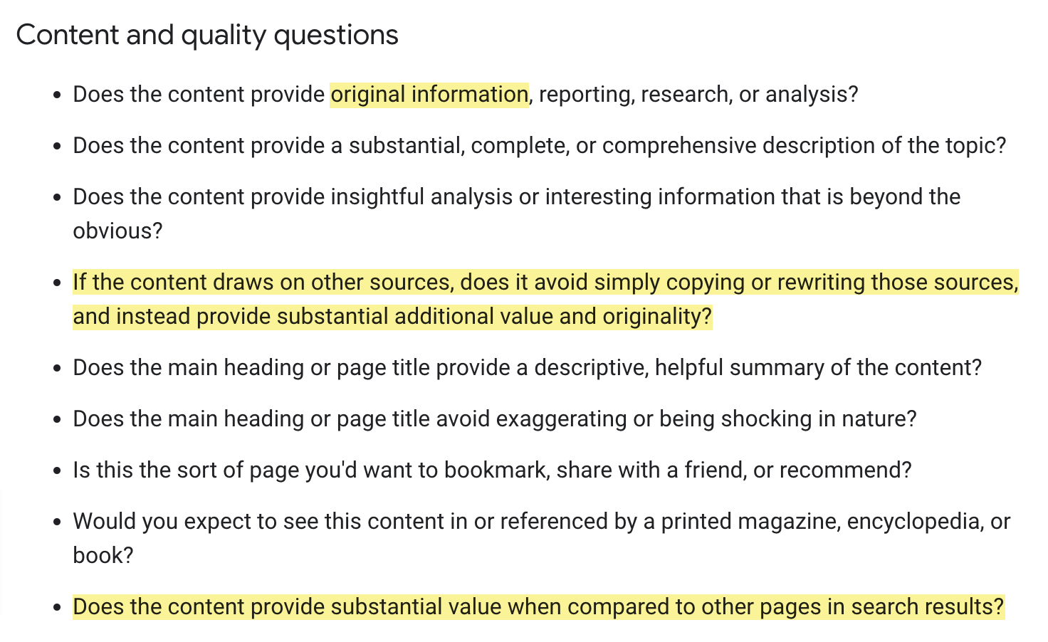Excerpt from Google's helpful content self-assessment test