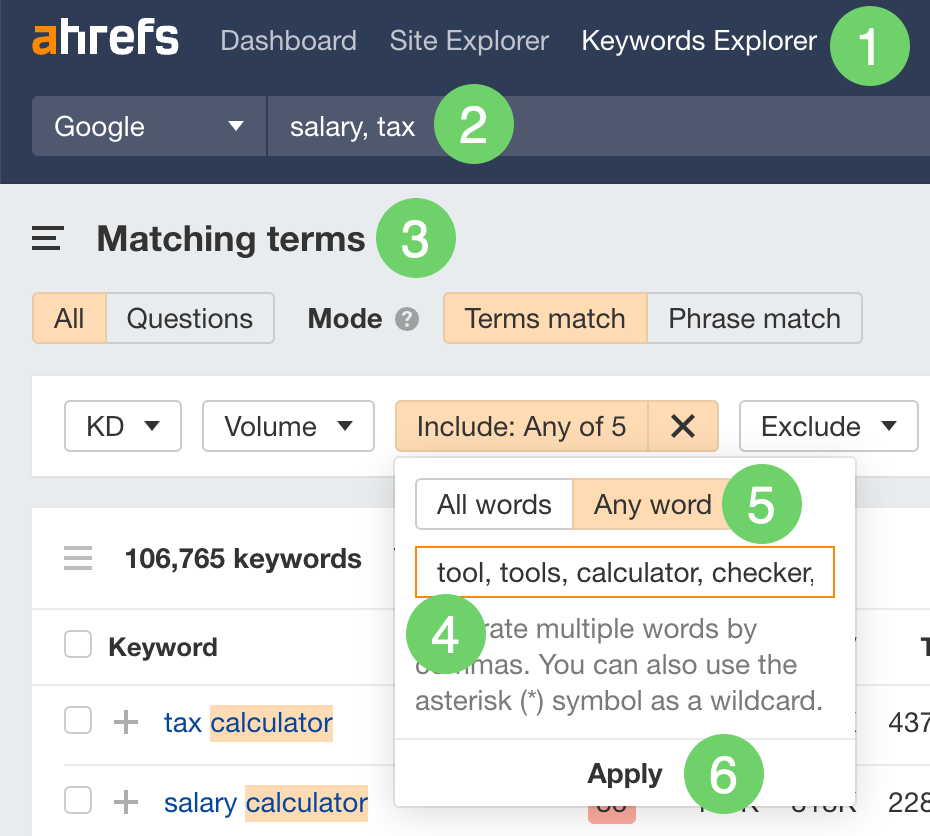 Finding keywords to target with tools in Ahrefs' Keywords Explorer