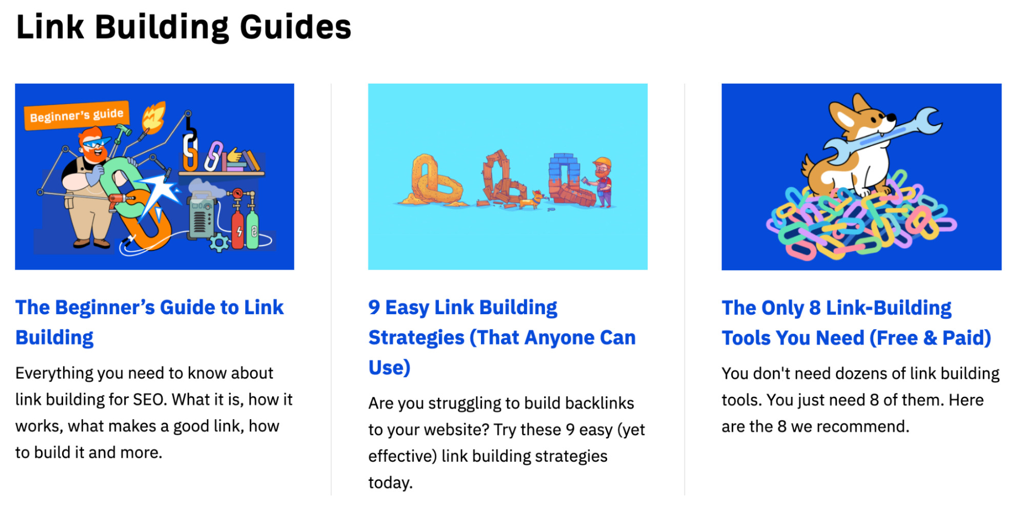 Links to link building guides placed in the footer of a tool for checking backlinks
