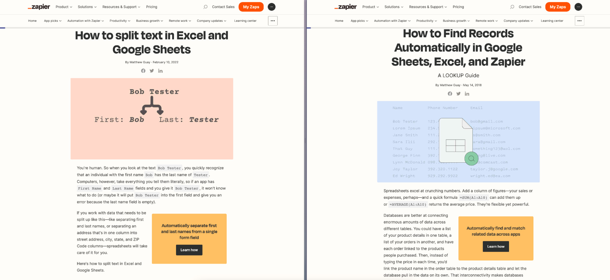 Two spreadsheet-focused tutorials on Zapier's blog; one on splitting text and another on finding records