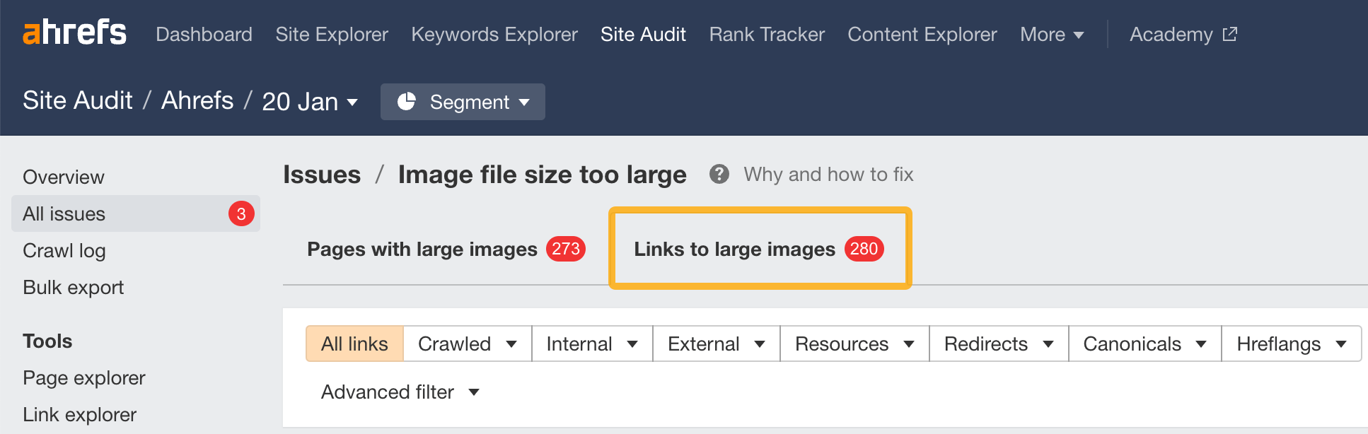 Affected links report, via Ahrefs' Site Audit