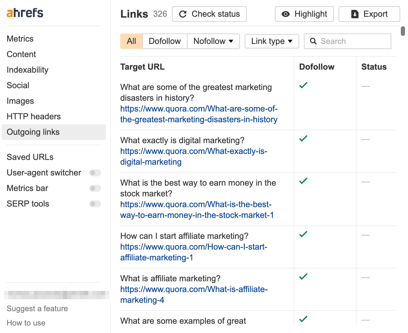 Exporting Quora questions URLs from its suggestion tool with Ahrefs' SEO Toolbar
