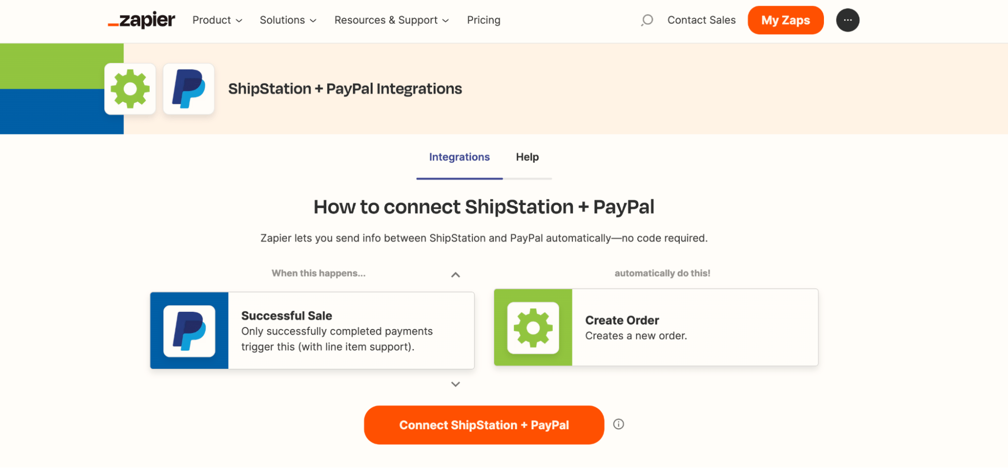 Zapier’s ShipStation and PayPal page showing how the two tools can work together