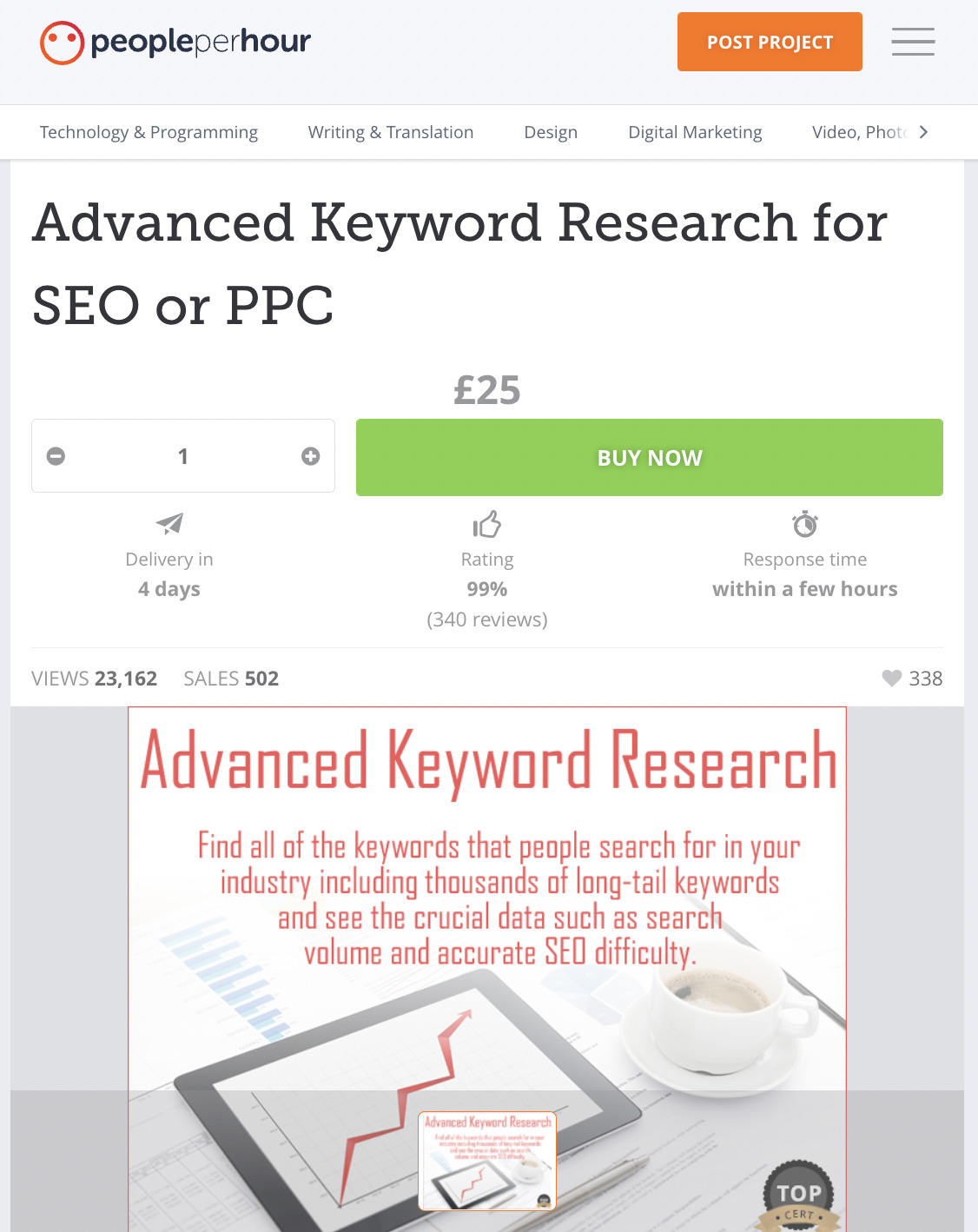 Keyword research productized service, via People Per Hour
