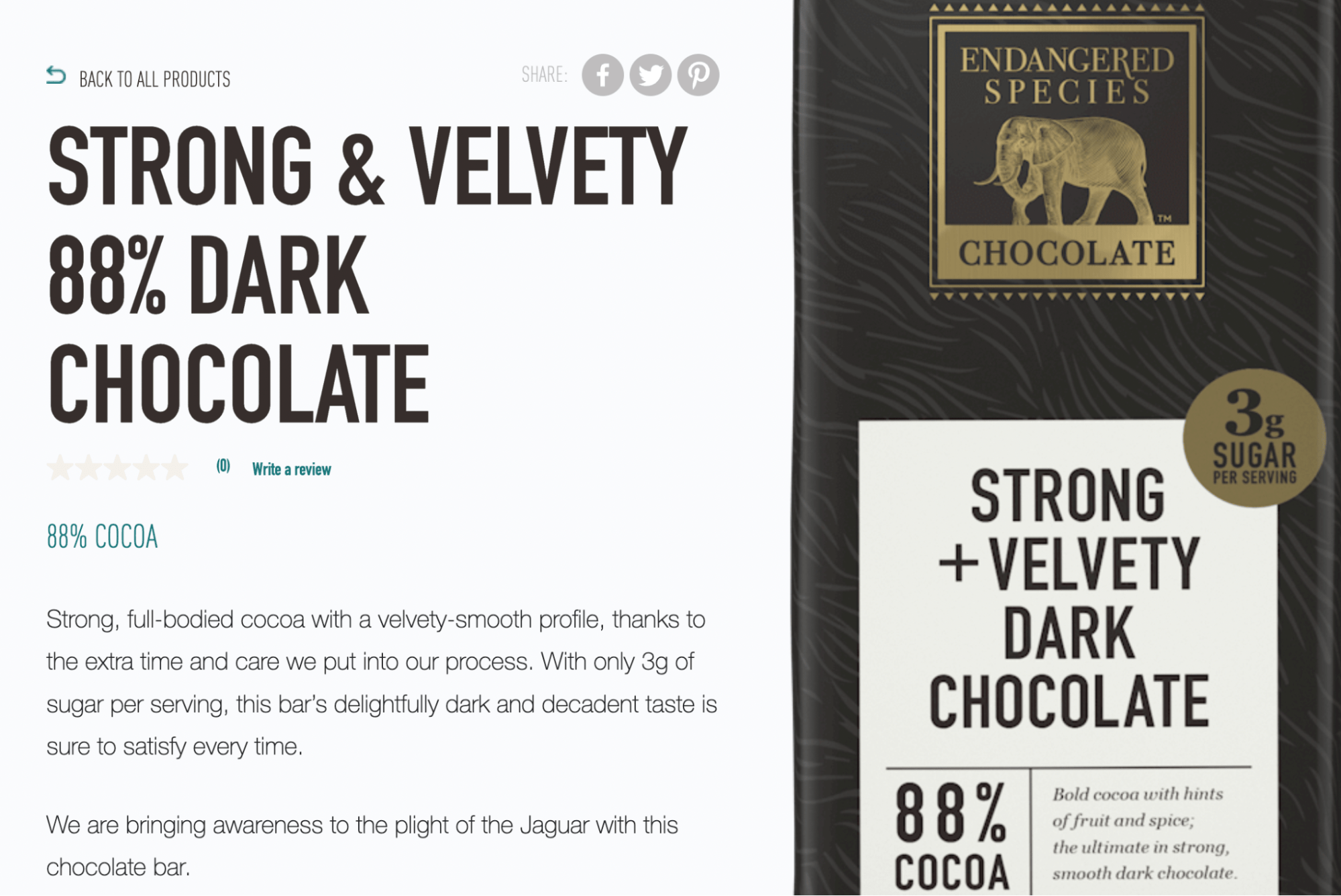 Endangered Chocolate 88% cacao chocolate bar mouthwatering product description.