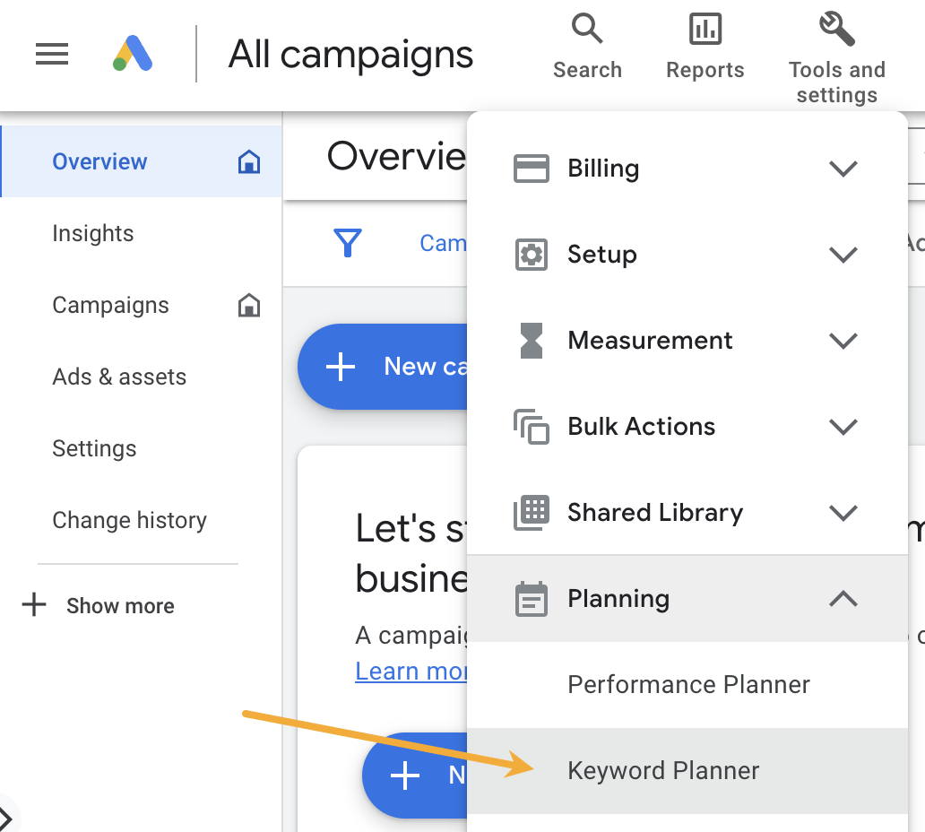 Keyword Planner in menu