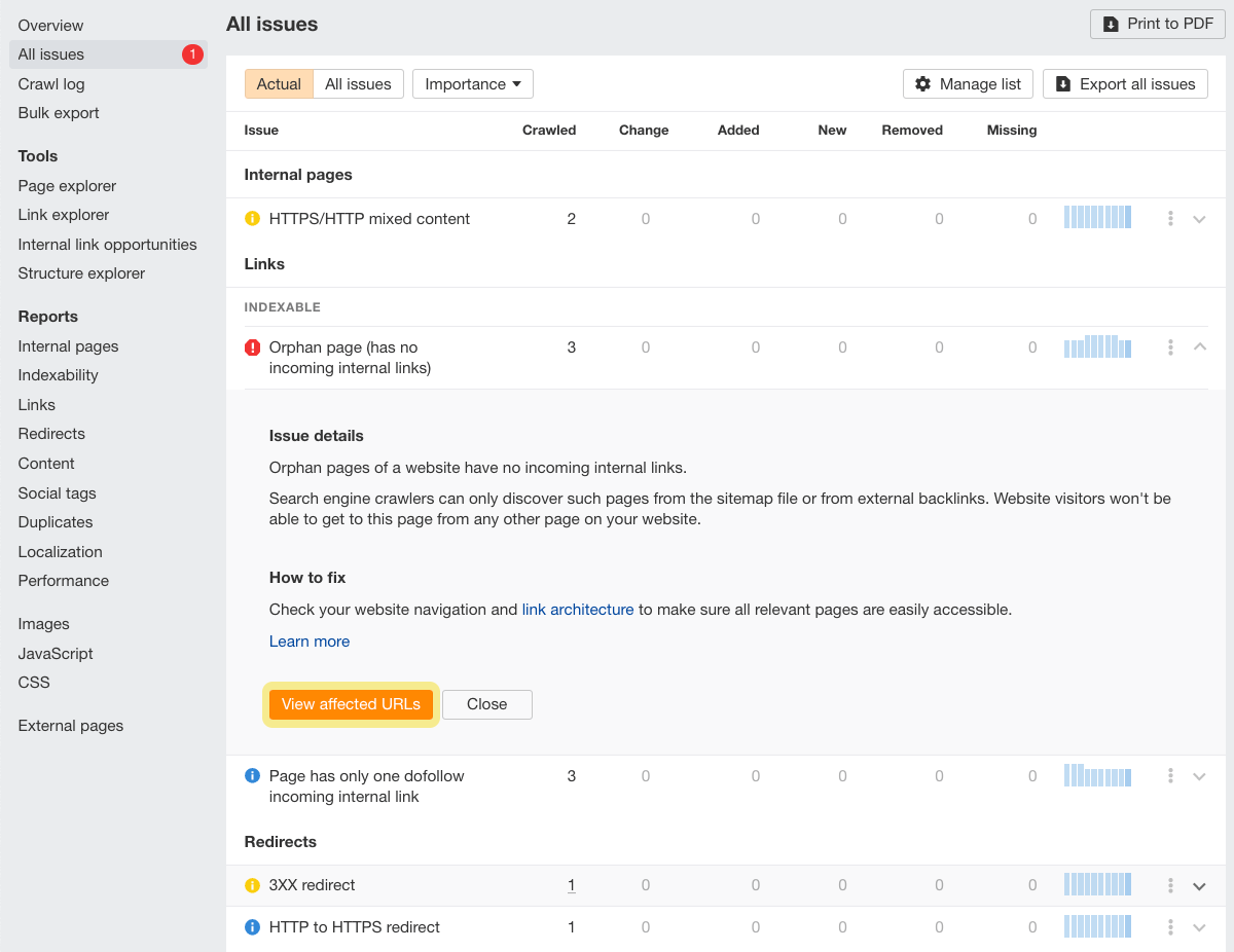 Issue details in Ahrefs' Site Audit
