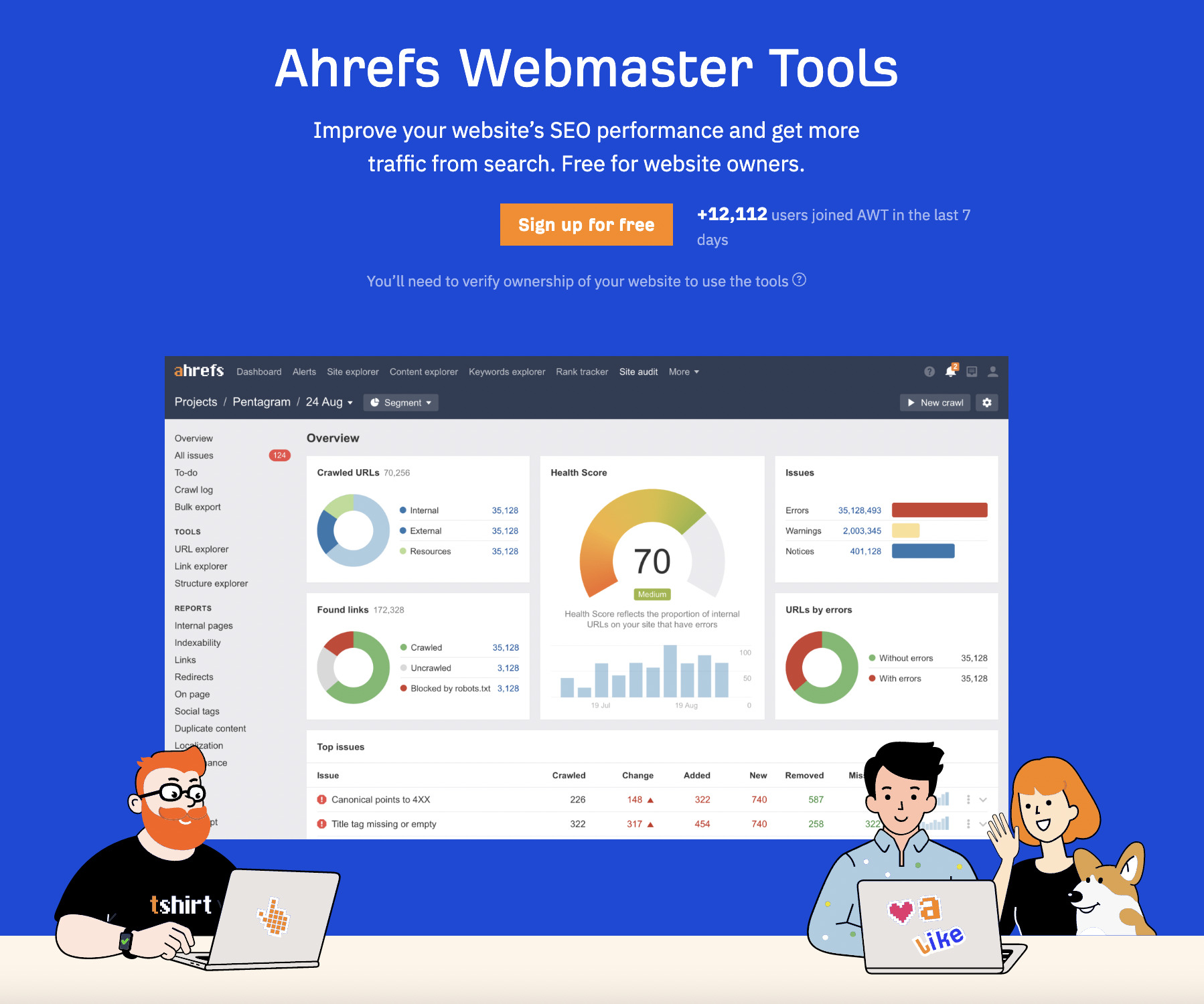 Captura de pantalla de las herramientas para webmasters de Ahrefs