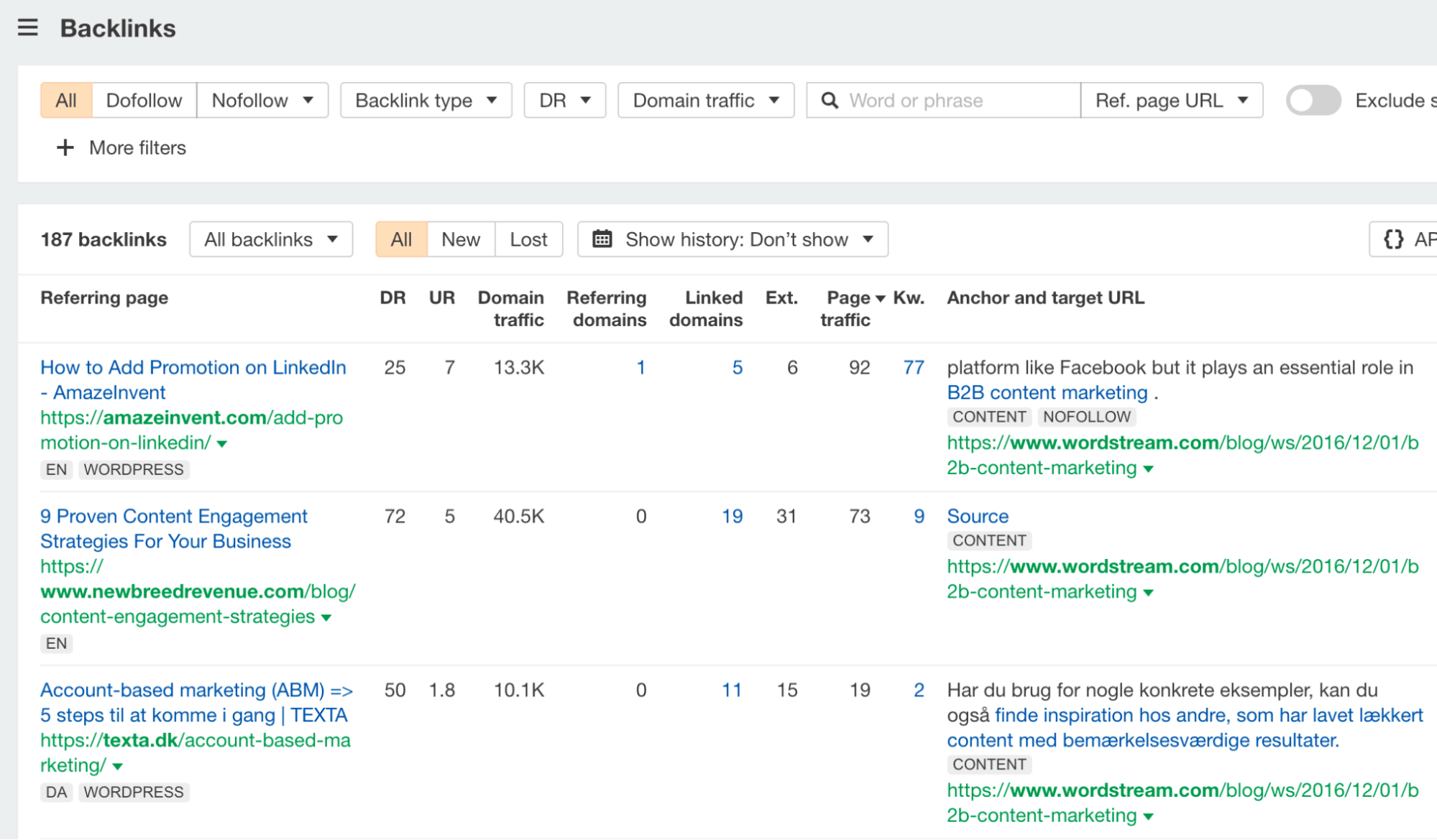 The Backlinks report, via Ahrefs' Site Explorer