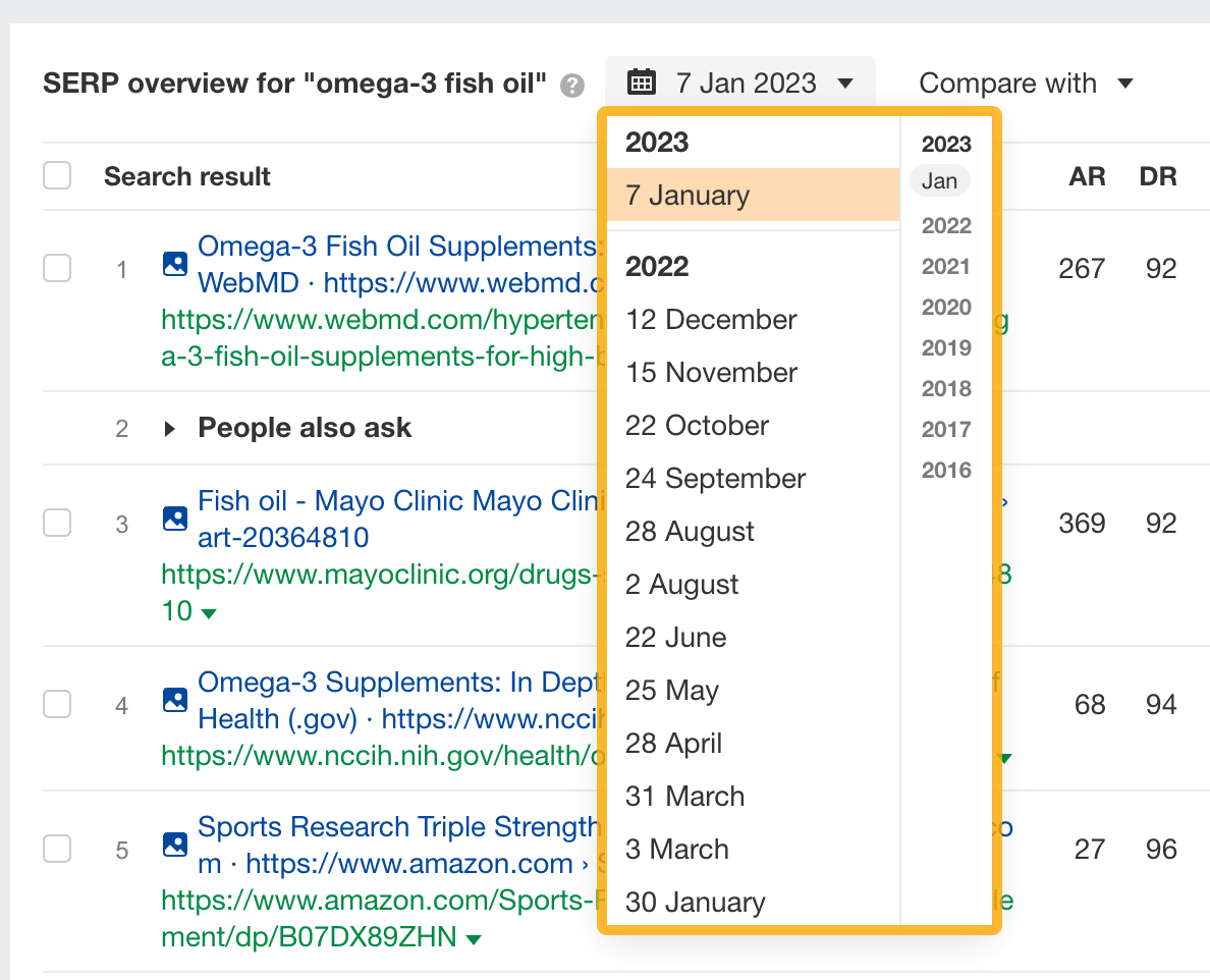 Historical SERP checker, via Ahrefs' Keyword Explorer