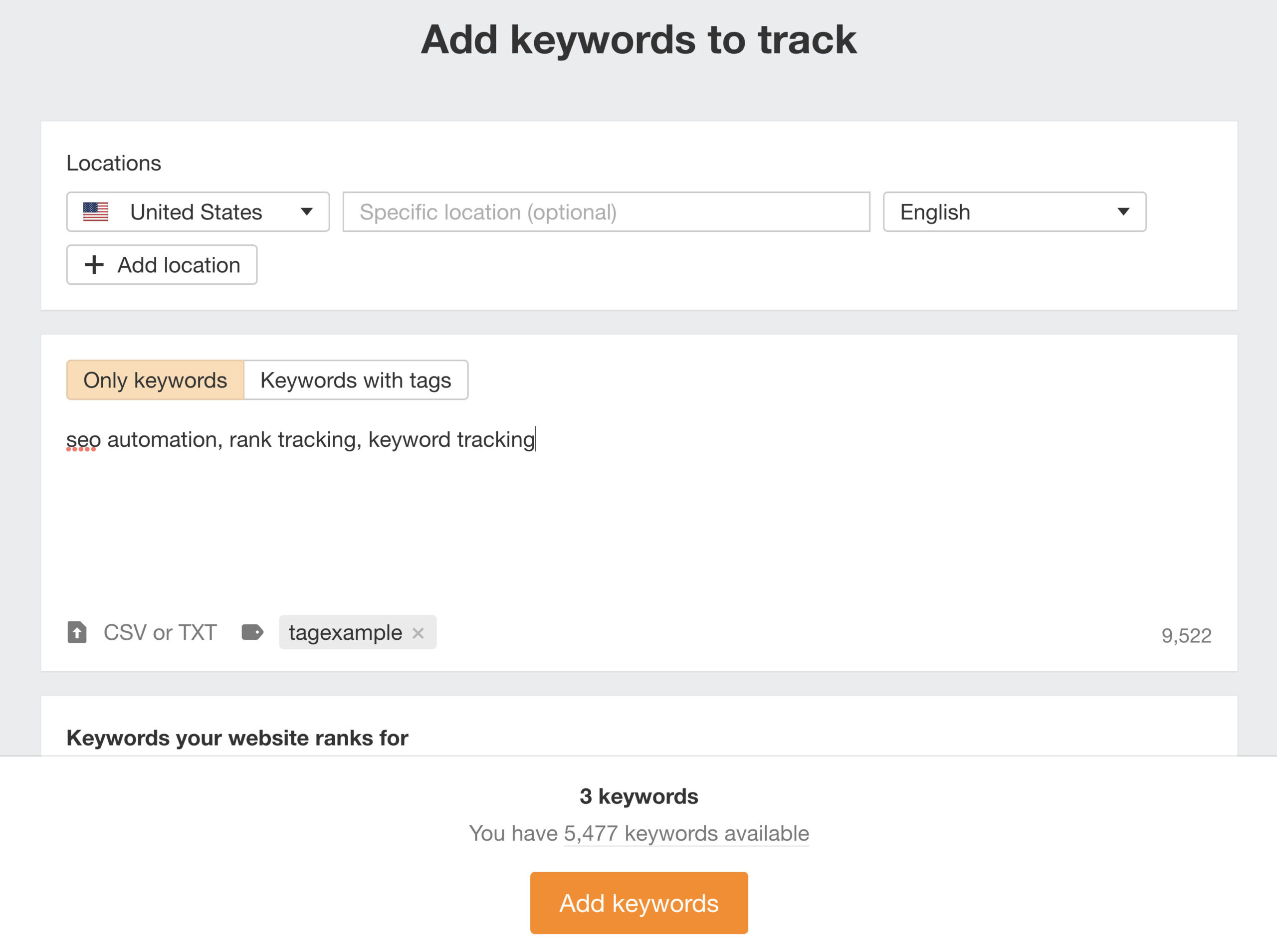 Adding keywords to Ahrefs Rank Tracker